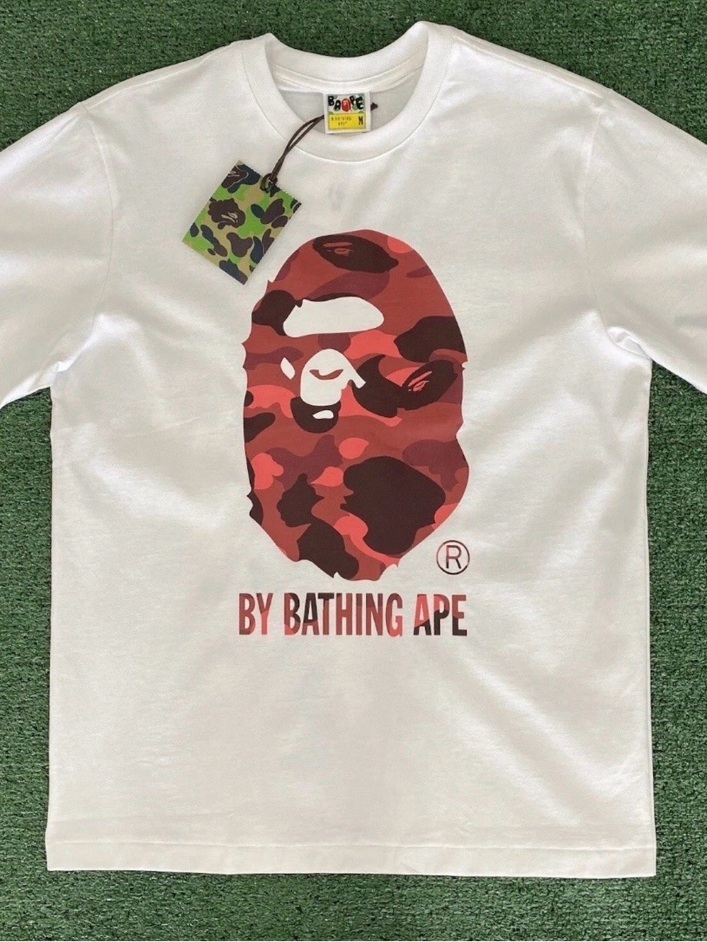 A Bathing Ape White Tee with Red Camo Ape Head